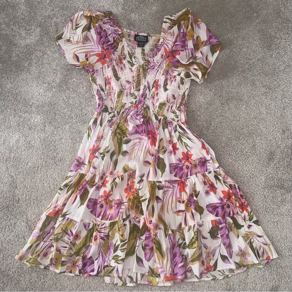 Angie - Floral Purple Green Pink Dress Stretch Top Flowy Floral Casual - XL - Picture 2 of 4